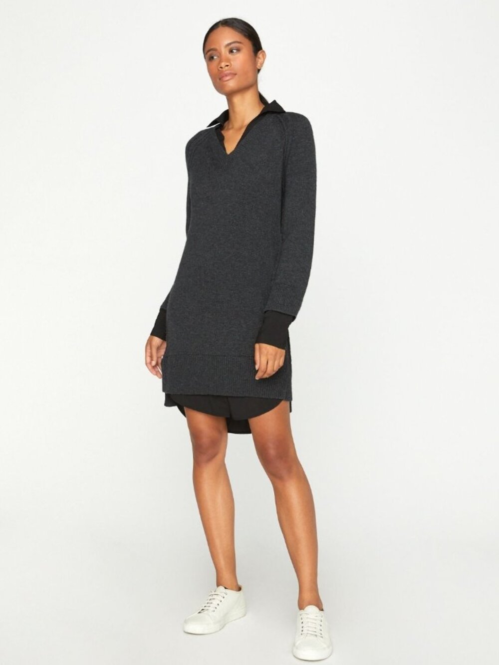 BROCHU WALKER The Looker Layered V-neck Dress In Charcoal With White Underlayer
